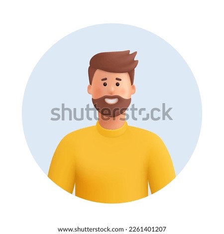Young smiling man avatar. Man with brown beard, mustache and hair, wearing yellow sweater or sweatshirt. 3d vector people character illustration. Cartoon minimal style.