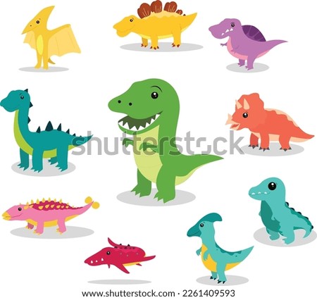 Set of Vector illustration of dinosaurs including Stegosaurus, Brontosaurus, Velociraptor, Triceratops, Tyrannosaurus rex, Spinosaurus, and Pterosaurs.
