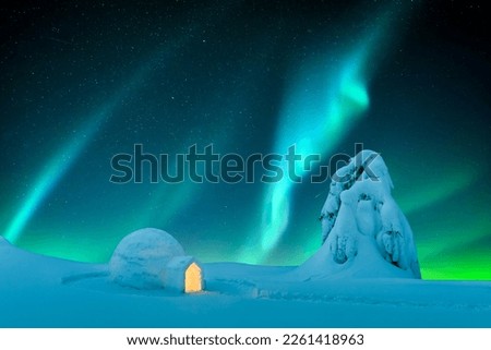 Aurora borealis. Northern lights in winter mountains. Wintry scene with glowing polar lights and snowy igloo. Christmas postcars