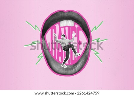 Collage artwork graphics picture of happy smiling guy having fun open lady mouth isolated painting background