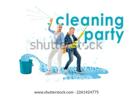 Photo cartoon comics sketch collage picture of funny married couple having cleaning party isolated drawing background