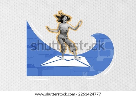 Photo collage artwork minimal picture of impressed funny lady riding envelope water wave isolated drawing background