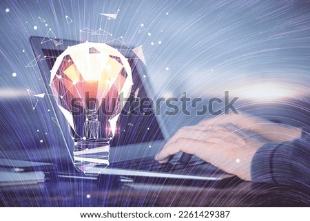 Growing arrows with businessman working on computer on background. Success concept. Double exposure. Royalty-Free Stock Photo #2261429387
