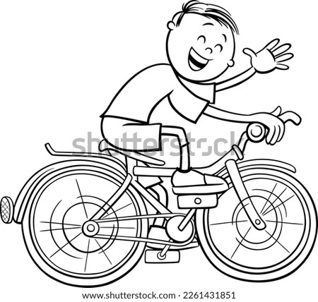 Black and white cartoon illustration of boy character riding a bicycle coloring page