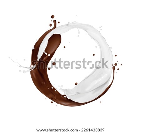 Chocolate and milk splashes arranged in a circle on a white background