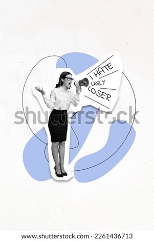Creative minimalistic collage poster picture of angry lady boss chief shouting employees isolated on painted background