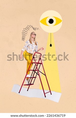 Creative 3d photo artwork graphics collage painting of lady waling upstairs eye light lamp isolated drawing background