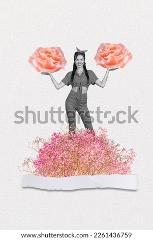 Collage 3d image of pinup pop retro sketch of charming lady holding arms rose flowers bloom isolated painting background
