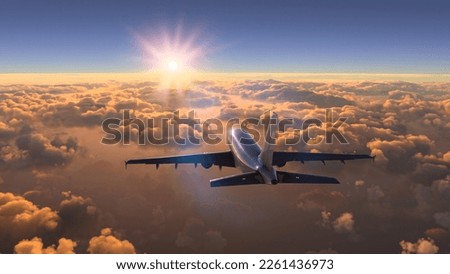 Commercial plane flying over the amazing sunset Royalty-Free Stock Photo #2261436973