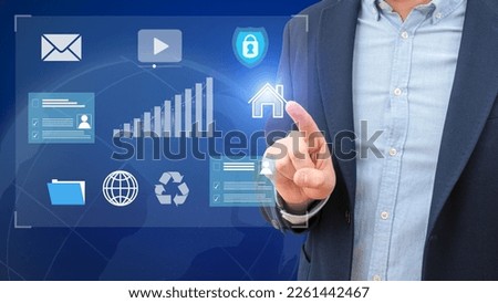 Business man touches the digital screen. Wireless connection technology. Global network and data exchange in human hands