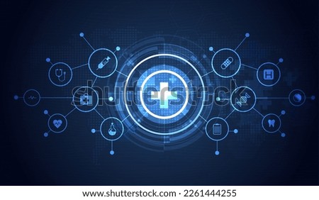 Healthcare medical science healthcare icon digital technology world concept modern business innovation, treatment, medicine. abstract about hi tech future blue background and medical research. vector.