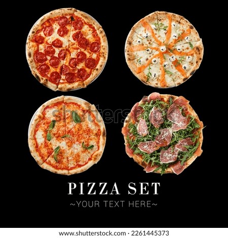 Collage set of pizza assortie isolated on black background. Different Pizzas with salami, beef, Parma ham, salmon, seafood for restaurant menu. Ready advertising banner with text and copy space Royalty-Free Stock Photo #2261445373
