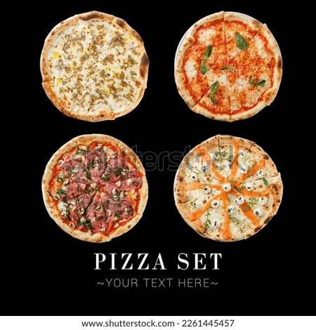 Collage set of pizza assortie isolated on black background. Different Pizzas with salami, beef, Parma ham, basil, mozzarella for restaurant menu. Ready advertising banner with text and copy space Royalty-Free Stock Photo #2261445457