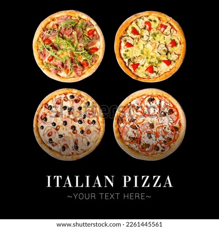 Collage set of pizza assortie isolated on black background. Different types of Pizza with vegetables, beef, Parma ham for restaurant menu. Ready advertising banner with text and copy space Royalty-Free Stock Photo #2261445561