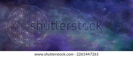 Celestial Flower of Life Symbol Message Template - complete Flower Of Life soft focus symbol on left against a blue green purple heavenly night sky background with copy space
