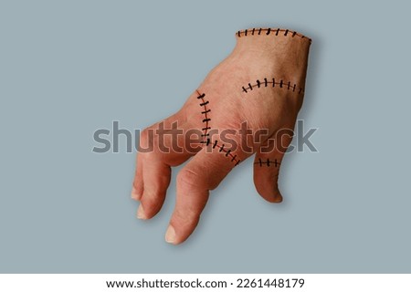 closeup of male right hand Thing of adult man sewn from different pieces of leather in gothic style dressed Wednesday Addams during Halloween, scars with stitches, beloved pet, servant Royalty-Free Stock Photo #2261448179