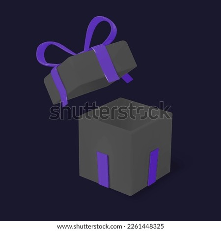 Dark gift box with bright bow 3D realistic with top flying up