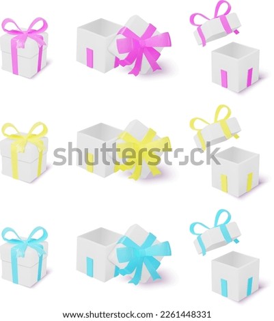 3D realistic white gift boxes with colored bow and ribbons collection