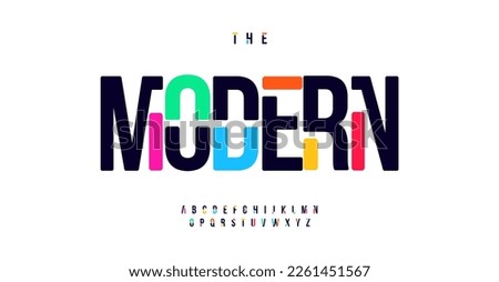 Modern color alphabet, rudiments puzzle letters, colorful stencil font for bright toy logo, game headline, creative rainbow typography, bold condensed text. Vector typographic design Royalty-Free Stock Photo #2261451567