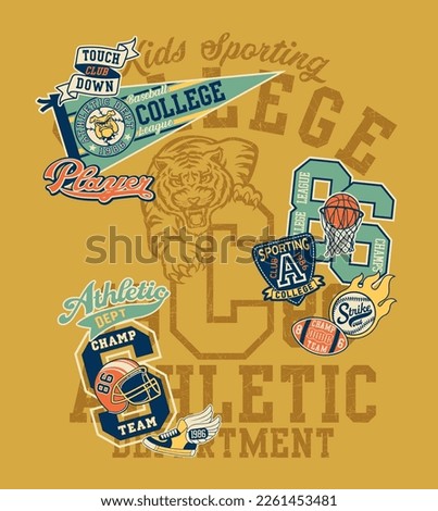 Kids sporting college athletic department vintage vector print for boy t shirt with embroidery applique patches collection grunge effect in separate layers