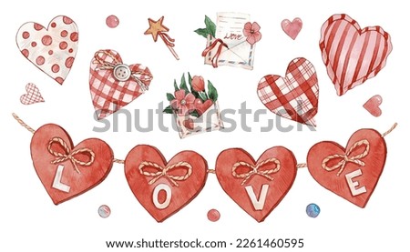 Set of watercolor vector illustrations in vinage style with hearts, letters, fabric heart, garland and flowers. Illustrations for Valentine's day, or wedding, hearts elements, floral elements.
