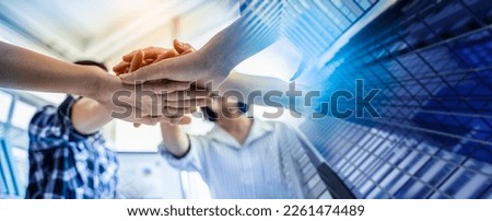 Panoramic Teamwork,empathy,partnership and Social connection in business join hand together concept.Hand of diverse people connecting.Power of volunteer charity work, Stack of people hand. Royalty-Free Stock Photo #2261474489