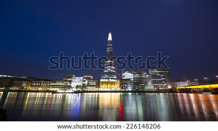 London cityscape and the river Thames, including The Shard at night, London, United Kingdom, Europe