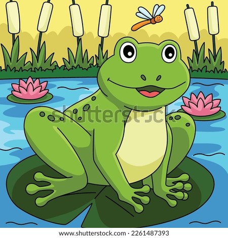 Spring Frog on a Water Lily Colored Cartoon