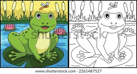 Spring Frog on a Water Lily Coloring Illustration
