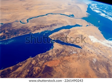 Satellite view of Nile River Delta, Red Sea and The Mediterranean Sea. Nubian Desert, Desert of Egypt and Libya, Aswan Dam seen from space. Elements of this image furnished by NASA.