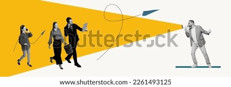 Contemporary art collage. Conceptual design. Meeting with manager. Employees, workers running on briefing. Working routine. Concept of business, career development, teamwork, cooperation Royalty-Free Stock Photo #2261493125