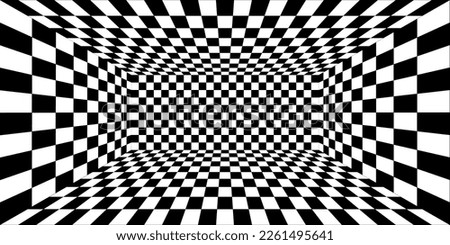 Rectangle room with checkered surface. Hall, studio or portal interior texture in perspective. Inside structure of box with black and white squared pattern. 3D dimension. Vector flat illustration