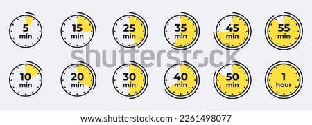 Timer, clock, stopwatch isolated set icons. Countdown timer symbol icon set. Label cooking time. Vector illustration Royalty-Free Stock Photo #2261498077