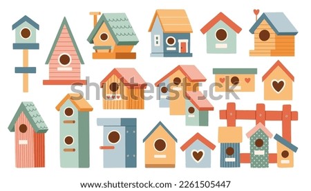 Bird houses set vector illustration. Cartoon cute colorful birdhouses collection, feeder on garden tree
