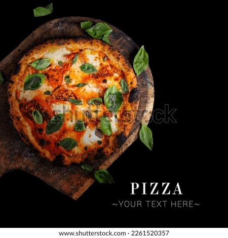 Top view of classic Italian uncut Margherita pizza with tomatoes, mozzarella cheese and fresh basil leaves served on baking shovel. Cheesy pizza isolated on black background with text and copy space