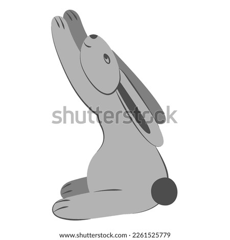 Cute monochrome rabbit sits and stretches its paws up to the left. Color cartoon flat vector illustration.