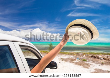 Close up of hat on white car at caribbean island
