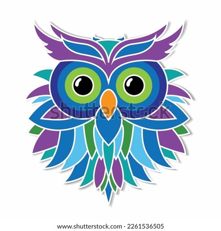 Cute owl sticker with white stoke. Colorful owl icon on paper on white background with shadow. Vector trendy illustration. Character design flat style sticker with color drawings.