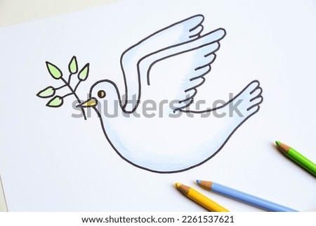 Children's drawing of a white pigeon drawn with colored pencils. The symbol of peace is a dove.