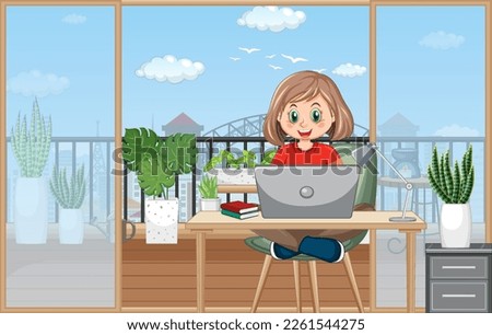 A girl using laptop at home illustration