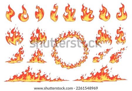 Cartoon fire flames. Hot particles of flame. Bonfire, dangerous fire, Hot discounts. Vector illustration