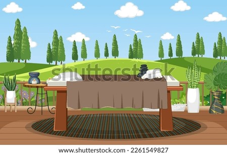 Outdoor spa scene with spa bed and elements illustration