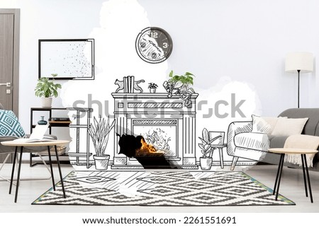 From idea to realization. Beautiful living room interior with fireplace and houseplants. Collage of photo and sketch