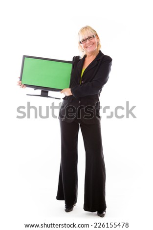 model isolated on white holding blank screen