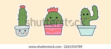 Set of 4 Stiker Cactus Cute icons, thin Doodle Style, vector illustration