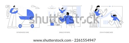 Fathers role abstract concept vector illustration set. Fatherhood care, single fathers, stay-at-home dads, happy kid, parental leave, spend time with child, man feeding baby abstract metaphor.