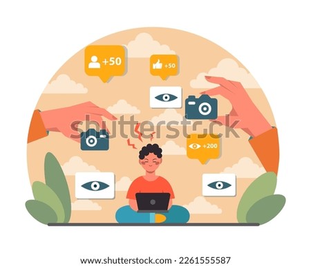 Sharent. Upset child finds his personal data and details in the internet. Mom and dad compulsively post pictures and vlogging their child on social media. Flat vector illustration