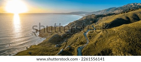 California Raodtrip. Highway 1 Aerial panorama at sunset. Muir Woods, San Francisco Royalty-Free Stock Photo #2261556141