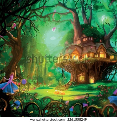 Fairy-tale house in a tree with a roof intertwined. Square flat cartoon illustration with textures. Forest house made leaves and clay gnome vector. Fairy elf gnome magic.