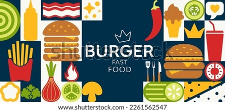 Burgers and ingredients in simple geometric shapes. Elements for burgers restaurant menu design. Great for flyer, web poster, Fast food, junk food. American food presentation templates, cover design. Royalty-Free Stock Photo #2261562547